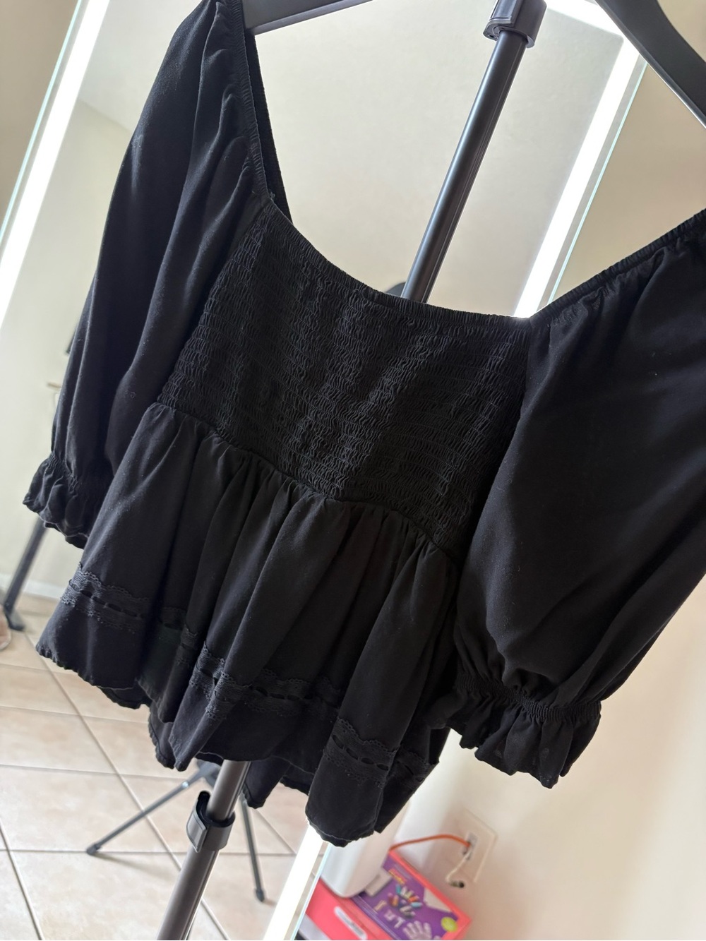 Tinseltown Black Smocked Babydoll top purchased
